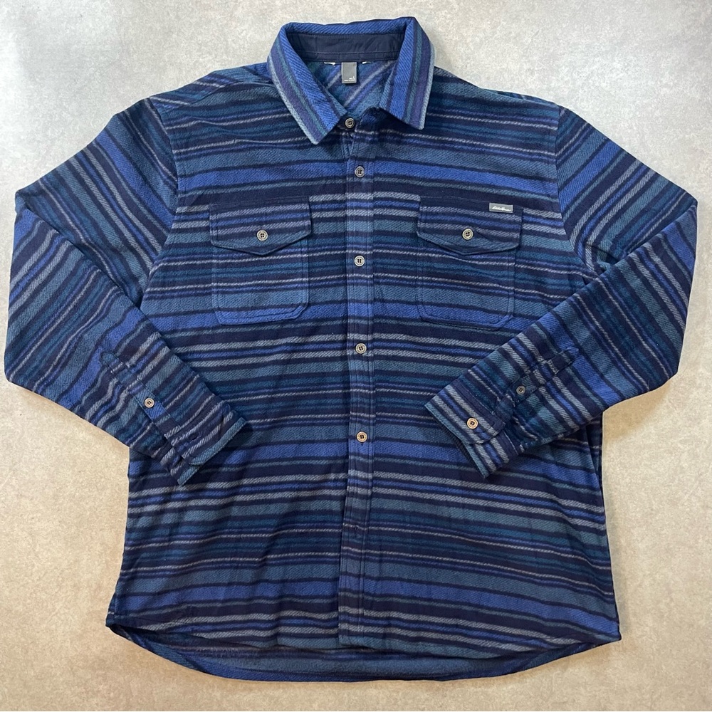 Men's Blue Striped Shirt Eddie Bauer Fleece Button Up